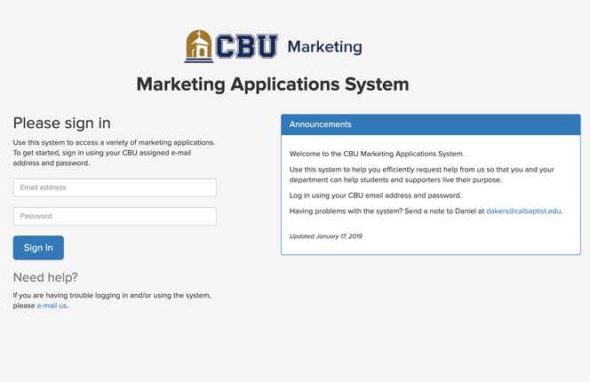 Screenshot of CBU Marketing Applications web app