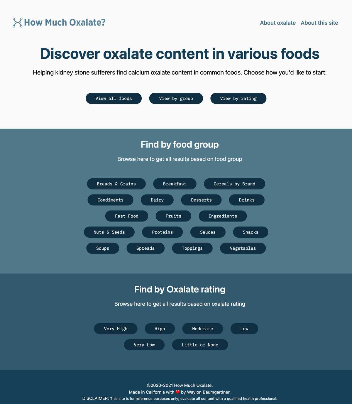 Screenshot of the How Much Oxalate website; white background with teal foreground colors and a grid of button options